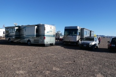 3 Big rigs make a contained area for our group gatherings, and provide wind breaks