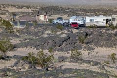 Looking down at the busy parking lot near Amboy Crater